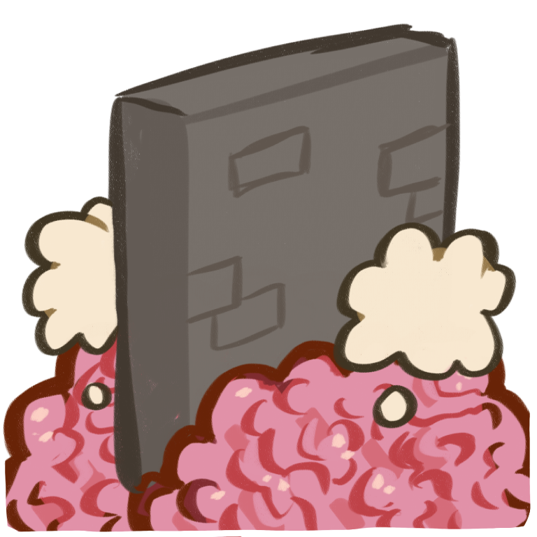 A grey brick wall sitting in the middle of a brain , there are white thought bubbles on each side